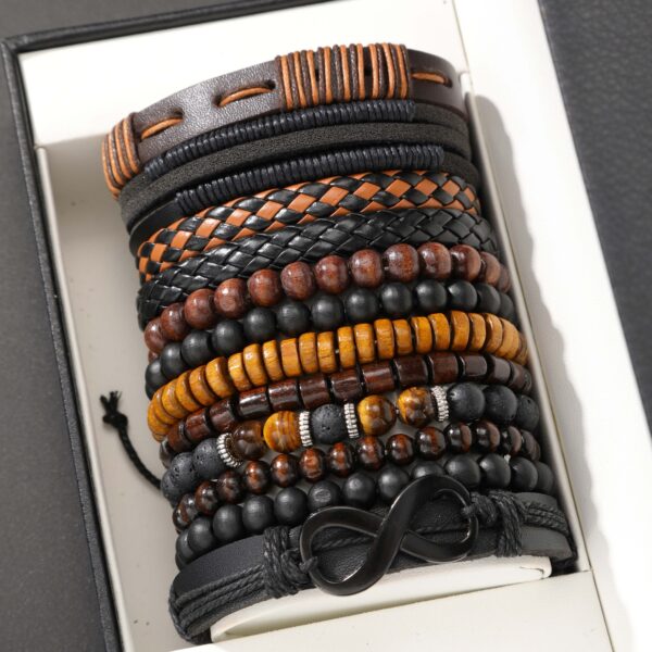 12-piece Vintage Men's Bracelet Set - Woven Leather, Tiger's Eye And Moonstone Beads, Synthetic Rope, Stylish Jewelry For Casual And Party Wear - Image 4
