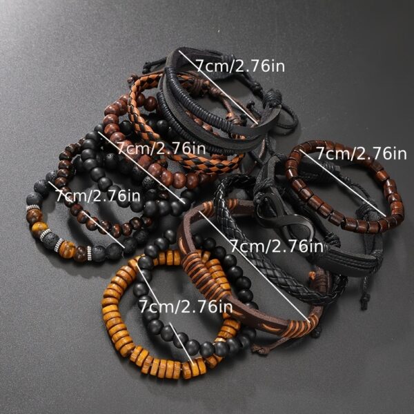 12-piece Vintage Men's Bracelet Set - Woven Leather, Tiger's Eye And Moonstone Beads, Synthetic Rope, Stylish Jewelry For Casual And Party Wear - Image 3